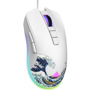 COSTOM Womier G705 USB Wired Gaming Mouse for PC Computer Windows Mac Laptop, Lightweight Silent RGB Backlit Mouse with Adjustable 12000DPI/7 Programmable Side Buttons,White Kanagawa Theme