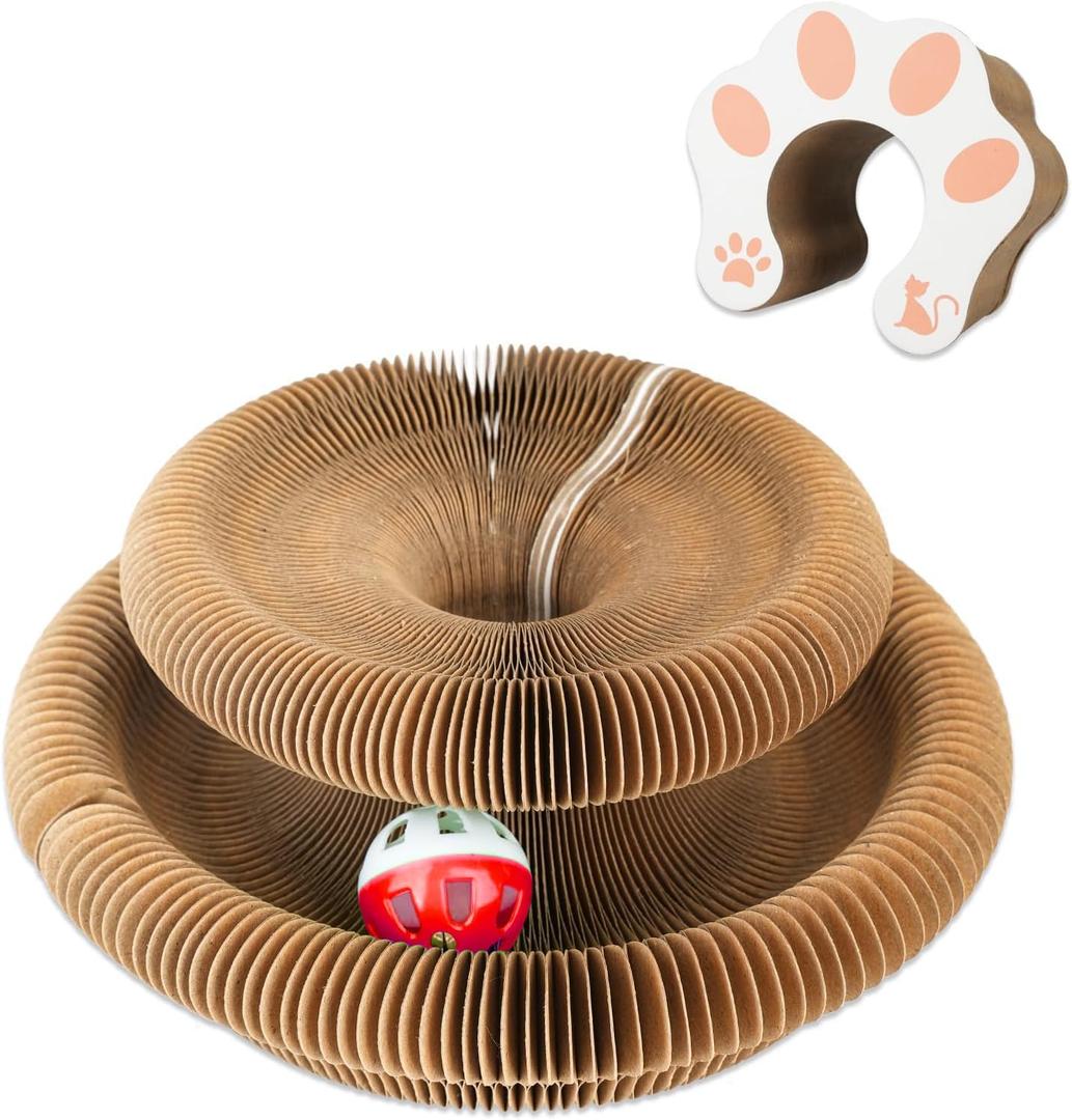 2 x Kitty Curlz Cat Toy, Magic Organ Cat Interactive Scratcher Cardboard with Bell Ball, Foldable & Changeable Accordion Shape Exercise Anxiety Relief Toy for Indoor Cats(1PCS)