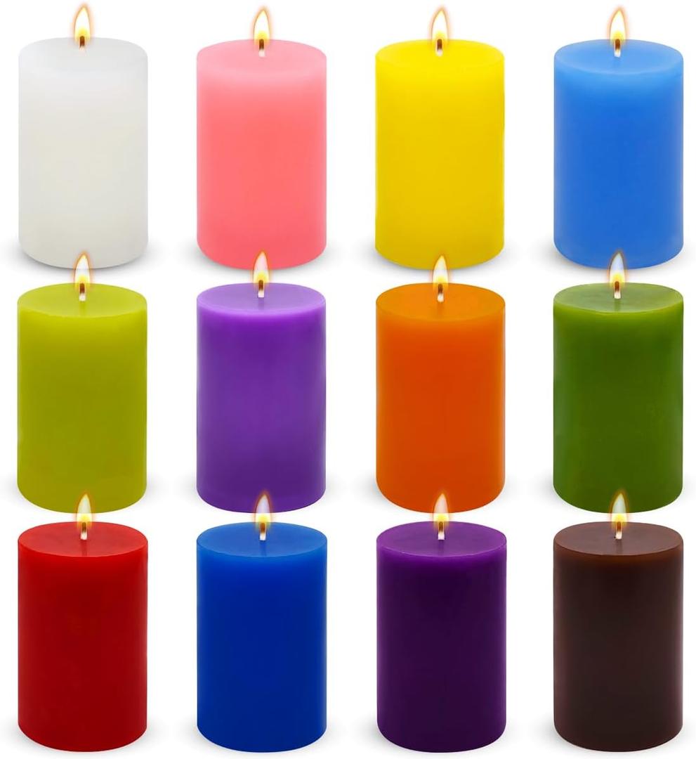 12 Pack 2x3 Inch Pillar Candles, Unscented Column Candles for Home Restaurants Spa Church Weddings, Smokeless Dripless and Clean Burning Emergency Candle - Mult Color