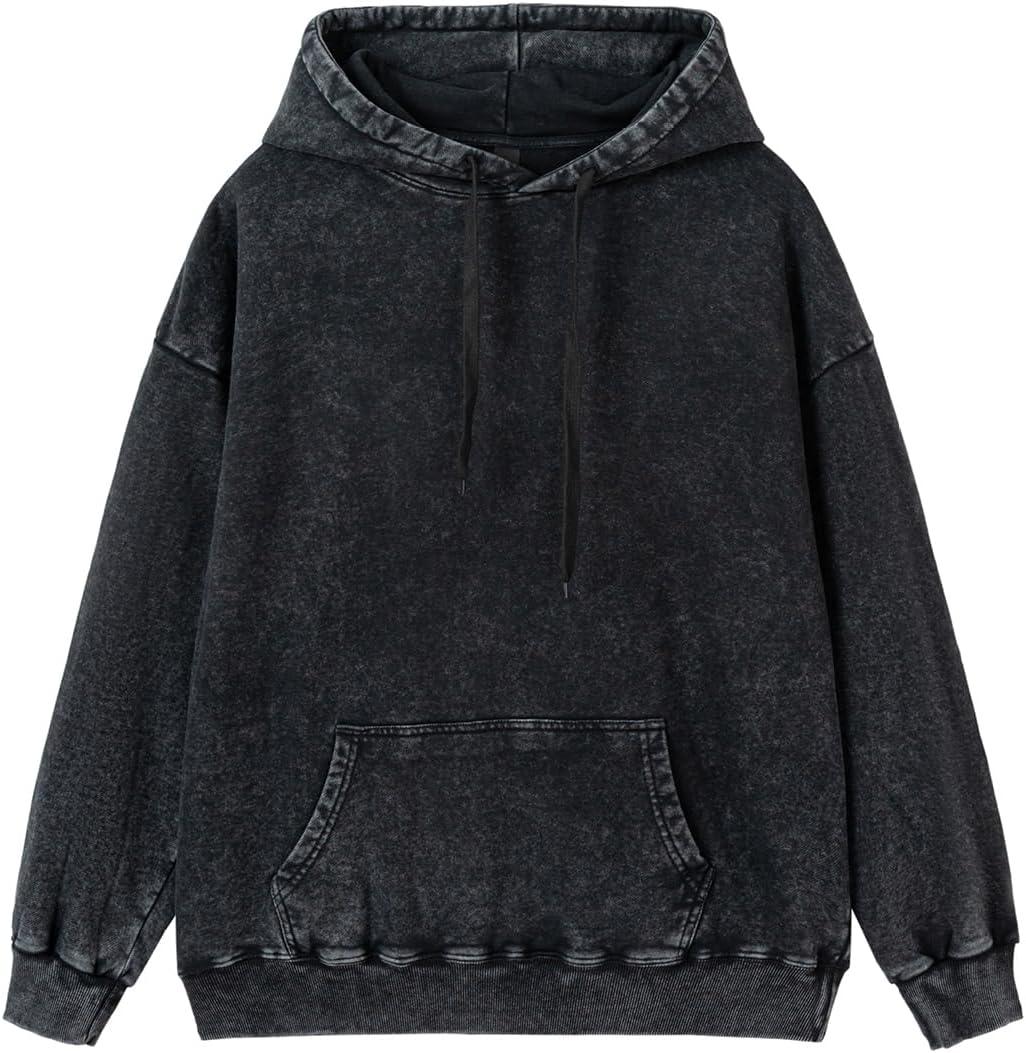 Womens Oversized Acid Wash Hoodie Unisex Heavyweight Cotton Hoodies Vintage Washed Sweatshirt Women Men (XX-Large, Black)