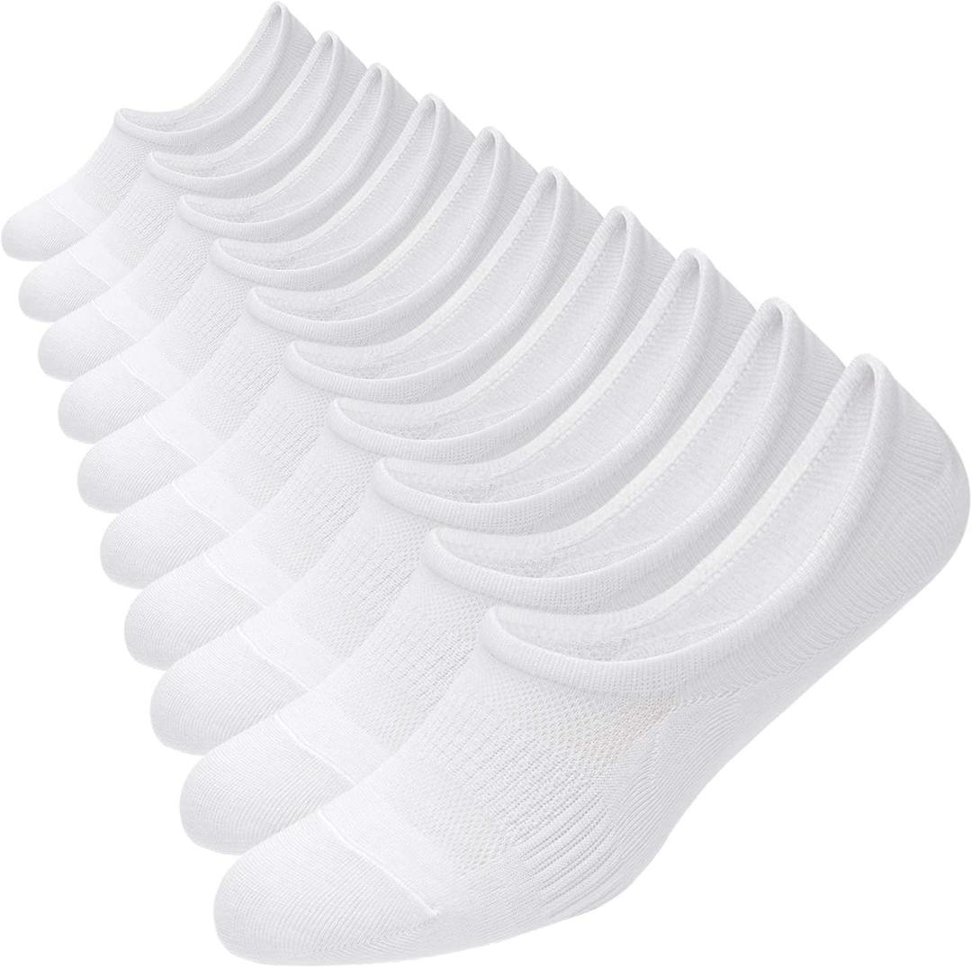 WANDER No Show Socks 10 Pack Cotton Non Slip Low Cut Invisible Loafer Socks Men&Women Boat Liner(10 Pairs White, Sock Size:12-14)