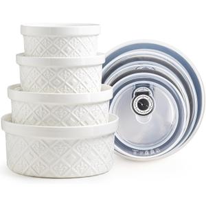 Large Mixing Bowls with Airtight Lids, Classic White Porcelain Embossed Nesting Salad Bowls for Baking and Cooking, 12/16/28/40oz Serving Bowls Set of 4, Oven and Dishwasher Safe, Thanksgiving Gift