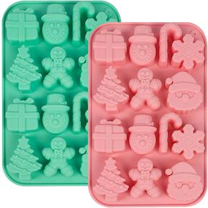 2PCS Christmas Silicone Cake Molds, 3D Christmas Chocolate Candy Molds, Snowflake Gingerbread Xmas Tree Cane Santa Snowman Shapes Baking Molds for DIY Candy Soap Jelly Ice Cube Tray Cake Topper