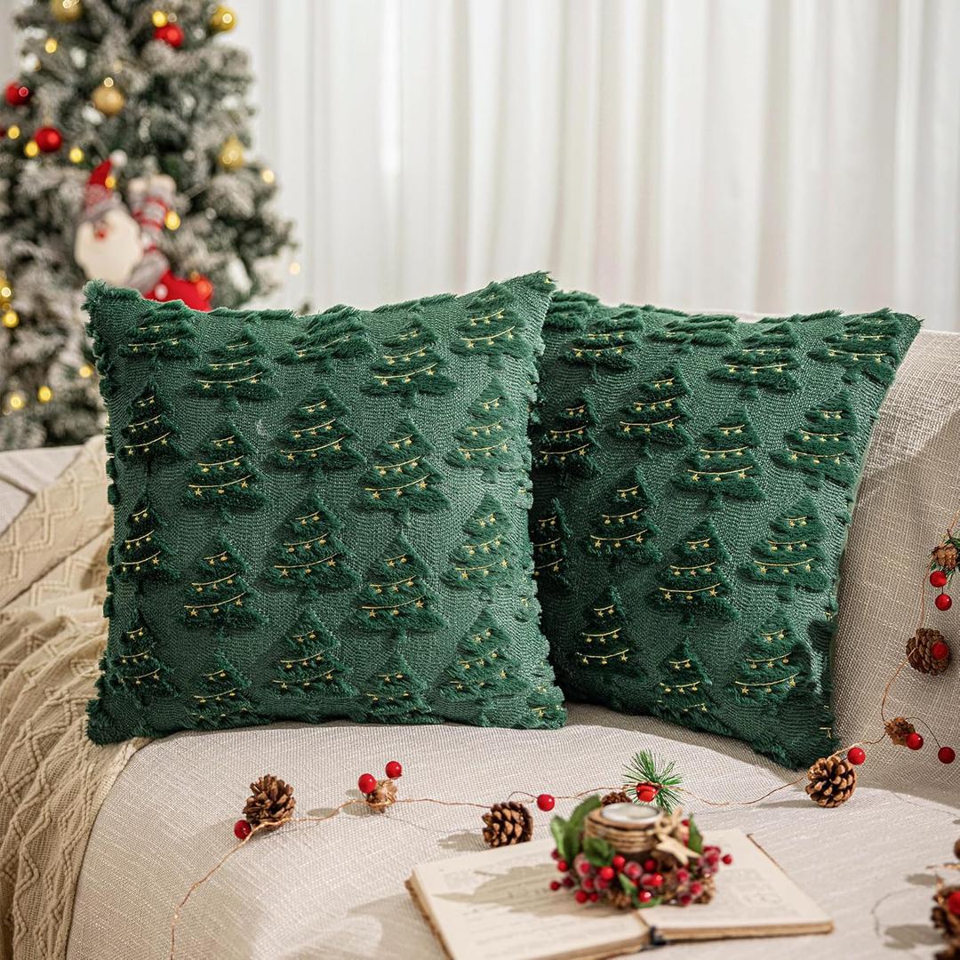 AQOTHES Christmas Tree Decorative Green Throw Pillow Covers 24x24 Set of 2, Faux Fur Farmhouse Throw Pillows Cushion Cases for Xmas Winter Holiday Home Decor