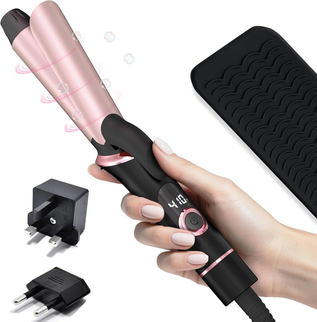Mini Curling Iron for Travel, Dual Voltage Curling Wand with European, UK Plug Adapter, Small Wave Hair Curler for Short, Long Hair, Tiny Long Barrel Hot Tool Temp Control up to 410, 1 Inch