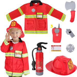 Firefighter Costume for Kids 3 4 5, Toddler Dress Up Set with Fire Extinguisher, Boys Girls Fireman Pretend Play Toy for Birthday Gift