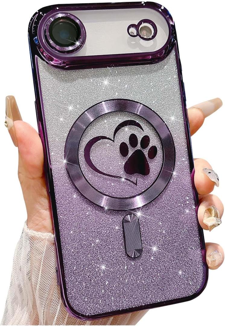 for iPhone Air Case, Glitter Clear Cute Paw Love Heart, Compatible with MagSafe, Strong Magnetic Full Camera Lens Protection Cover, Soft Slim Bling Phone Case 6.5" - Purple