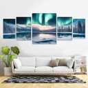 Ginfonr Canvas Wall Art Decor, 5 Panels Snow Scene Modern Wall Art for Bathroom, Large Abstract Aurora Wall Paintings for Living Room Couch, Framed Canvas Painting Above the Bed 04
