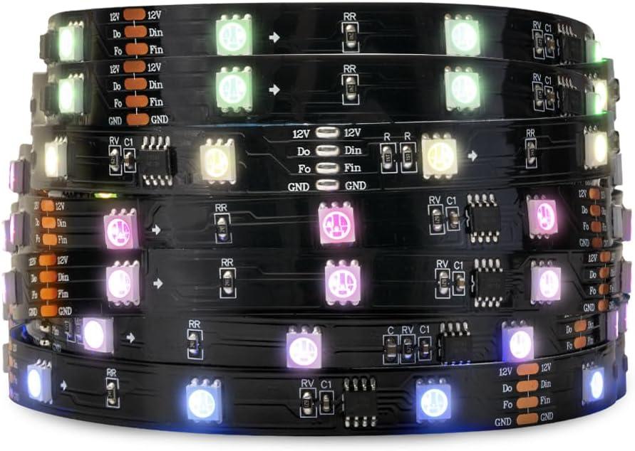 SEZO RGB IC LED Strip Lights(Similar to WS2815) Addressable 5050SMD RGB Dual-Signal DC12V 16.4ft 30LEDs/M TM1934 LED Pixel Rope Light for DIY Project Indoor Bedroom, Desk, Home Decor Lighting (Black PCB)
