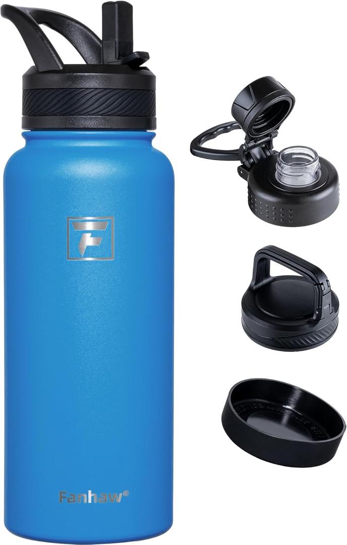 Fanhaw 32 oz Insulated Water Bottle  Portable Stainless Steel Flask with 3 Lids (Straw, Spout, Carabiner) | Leakproof, for Gym, Hiking, Work, Travel & Everyday Use (Sky Blue)