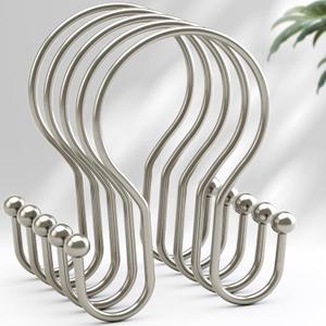 AmazerBath Shower Curtain Hooks Brushed Nickel Shower Curtain Rings, Simple Double Hook Shower Curtain Hooks Rust Proof, Smooth Glide Metal Shower Hooks for Shower Curtain, 12Pcs Shower Rod Hooks