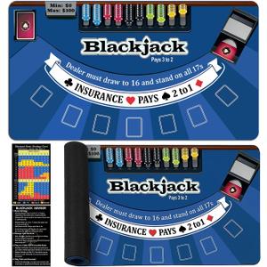 70" x 35" Blackjack Table Mat, Non-Slip Rubber Backing Waterproof Tear Resistant Blackjack Mat, Casino Style Tabletop Layout for Home Game Nights Parties Card Tables, Fits 6-8 Players