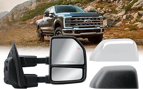 Passenger Right Side Towing Mirror Electric Heated Glass Turn Signal Light Puddle Light and BLIS with Chrome and Textured Black Cap Manual Folding Manual Telescope for 21-25 Ford F-150 250 350 450 550