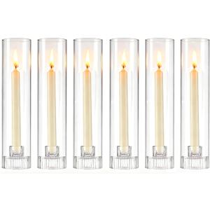 Hurricane Taper Candle Holders - Set of 6 Clear Glass Tapered Candlesticks with Covers, 11.8 inch Tall Fluted Candle Stick Holder Bulk, Ribbed Centerpieces for Wedding Christmas Table Decor