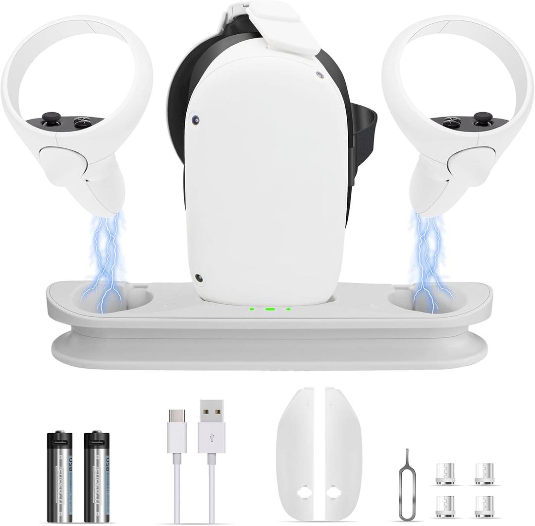 VR Charging Dock for Oculus/Meta Quest 2, VR Headset Charging Stand for Quest 2,Charging Station with LED Light,2 Rechargeable Batteries, and USB-C Charger Cable (White)