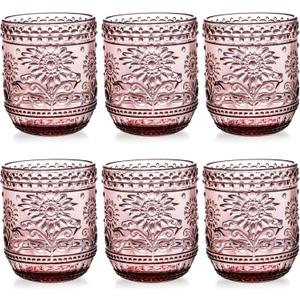 Hacaroa Set of 6 Vintage Drinking Glasses, 12 Oz Green Colored Glassware Floral Embossed Water Glasses, Decorative Beverages Tumblers for Cocktail