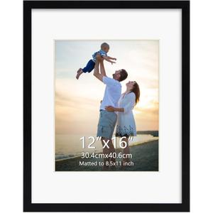 Hoikwo 1 pack 12x16 Black Plastic Frame with Plastic Cover matted to 8.5x11, for 8.5 by 11 Certificate Document Award with Mat, Display 12x16 Photo Frame without Mat, Only for Wall Hanging