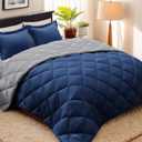 HIG 3pc Navy Queen Size Comforter Set-All Season Reversible Down Alternative Comforter with Two Shams -Quilted Duvet Insert with Corner Tabs - Diamond Stitched Blanket - Breathable, Soft, Fluffy (Navy/Light Gray)