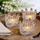 Rubtlamp 12 Pack Clear Gold Crown Candle Holder, Glass Tealight Candle Holder, Crystal Votive Candle Stand with Gold Tips for Dining Table Centerpiece, Wedding,Party,Dinner, Home Table Decor