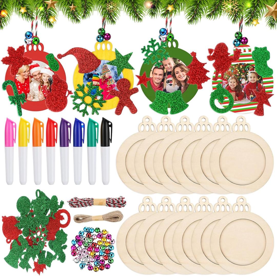 Youyole 144 Pcs Christmas Picture Frame Ornament 24 Pcs Unfinished Wooden Photo Cutouts with Bells EVA Wood Slices Colored Markers for Christmas DIY Craft Decoration(Round Style)