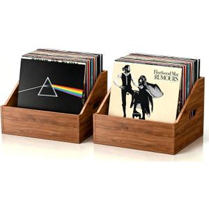 2 Pack Wood Vinyl Record Storage, Retro & Durable Vinyl Crate and Record Holder, Album Storage Record Case Box for 60+ Records, Perfect Record Organizer for Home Decor and Collection Display(Brown)