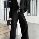 Fisoew Women's 2 Piece Outfits Casual Crop Blazer Jackets Loose Wide Leg Pants Fall Dressy Business Work Suit Sets (Black)