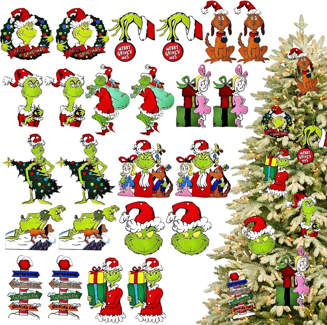 New 24 Pcs Christmas Tree Ornaments, 1 Pcs Christmas Decorations Hanging Sign with Rope, Wooden Green Small Xmas Tree Ornaments for Holiday Party Indoor Outdoor Christmas Tree Hanging Decorations