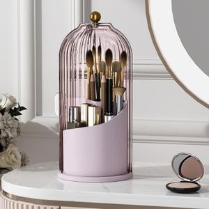 Makeup Brush Holder with Lid 360° Rotating Clear Dustproof Make Up Organizers for Vanity Bathroom Countertop, Pink