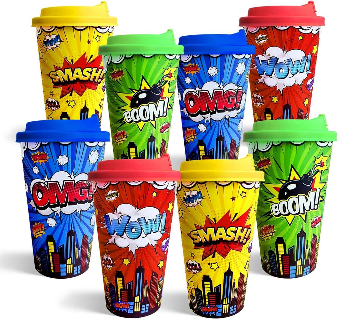 24 Pack Hero Themed Party Cups with Lids - 16oz Reusable Plastic Tumblers for Kids Birthday, Red Blue Yellow Green Drinking Cups for Comic Hero Party Decorartions Favors Supplies
