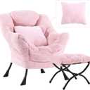 Lazy Chair with Ottoman, Comfy Reading Lounge Chair with Footstool & Throw Pillow Modern with Armrests & Side Pocket for Living Room, Bedroom, Dorm Room, Plush Pink