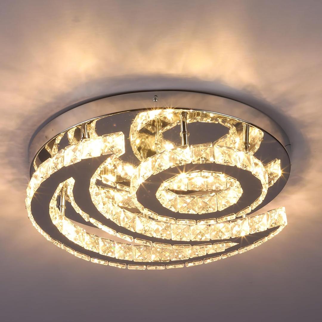 CXGLEAMING 15.7" Modern Crystal Chandelier Dimmable Ceiling Light Fixture Moon Shape LED Flush Mount Chandeliers for Bedroom Living Room Dining Room (Remote Control)