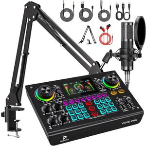 Professional Podcast Bundle with DSP Sound Card and Audio Mixer, 3.5mm Condenser Microphone for Live Streaming, Singing, Recording, and Gaming – Voice Changer, Noise Reduction C200PRO-P15(Cantilever)