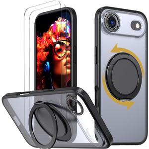 for iPhone Air Case, with 2 Tempered Glass Film, 360 Spin Magnetic Stand, Compatible with Magsafe, Military-Grade Drop Protection Case, Black