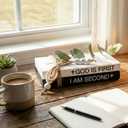 2 Pieces Wooden Decorative White Books, Rustic Farmhouse Faux Books for Coffee Table Shelves with Wood Bead Tassels and Leaves, 7'x 4.6'x 2.5' (God is First, I'm Second)
