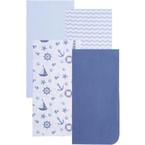 EVERYDAY KIDS 4 Pack of Soft Flannel Receiving Baby Blanket Set for Boys; Blue Baby Swaddle Blankets for Newborn Baby Boy Nursery with Ocean Animals, Sailboats, Lighthouses, Wavy Stripes Prints
