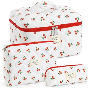 Makeup Bag for Women 3PCS Quilted Cotton Make Up Bag Travel Cosmetic Bag Large Makeup Bag Set Cute Makeups Organizer Floral Toiletry Pouch for Purse, Cherry