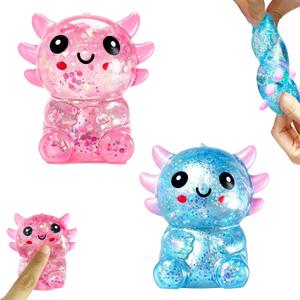 2PCS Glitter Axolotl Squishy, Slow Rising Squeeze Toy, Cute Axolotl Fidget Toy for Stress Relief, Calming Sensory Toy for Kids Adults, Party Favor Gifts (Blue+Pink)