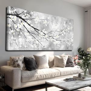 MLART99 Plum Blossom Decorative Floral Pictures Flower Prints Wall Art 24"x48" Botanical Poster for Bedroom Wall Decoration Living Room Pictures (White)