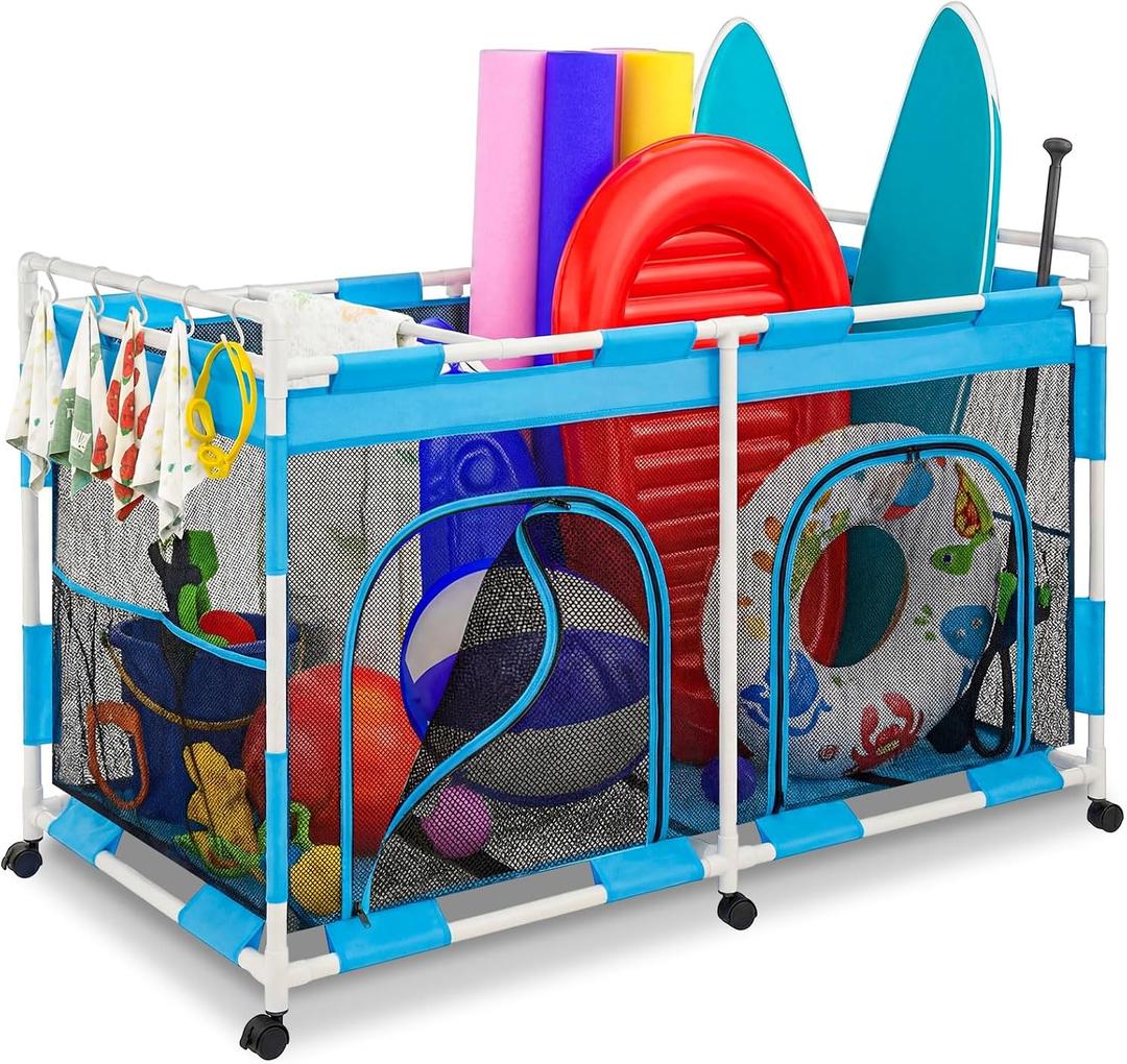 Briwooody 333 Gallon Pool Float Storage, 65" Swimming Pool Storage Organizer Rolling Bin with Zipper and Hooks for Outdoor Noodles, Toys, Towels, Floats, Beach Balls (Single Tier,65 x 37.4 x 31.9in)