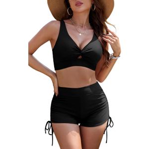 SHEKINI Women's High Waist Bikini Sets Twist Front Bralette Swimsuits Pull-on Bathing Suits (Large, Black)