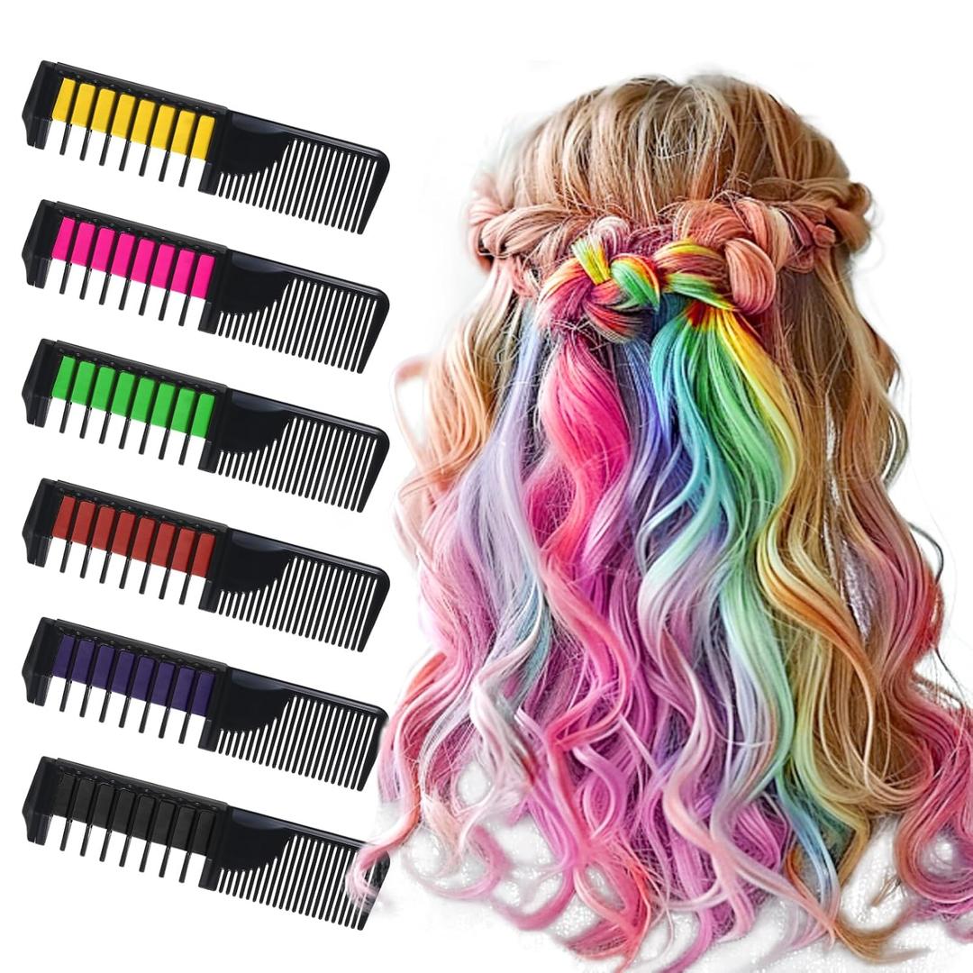 4 x 6 PCS Hair Chalk Comb Set Temporary for Girls Kids Makeup Kit, Washable Hair Chalk for Christmas Gifts Toys Birthday Cosplay Festivals Hair DIY Party (Black+Green+Pink+Yellow+Purple+Red)