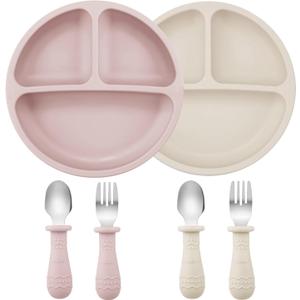 PandaEar 6 Pack Toddler Plates and Utensils Set, 2 Pack Silicone Baby Plates with Suction and 4 Stainless Steel Baby Spoons Forks, Toddler Dinnerware Set, Baby Dishes