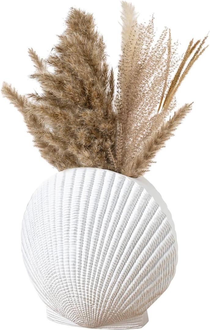 MyGift White Ceramic Flower Vases, 10 inch Pampas Grass Vase, Decorative Shell Shaped Vase for Living Room, Modern Aesthetic Home Decor