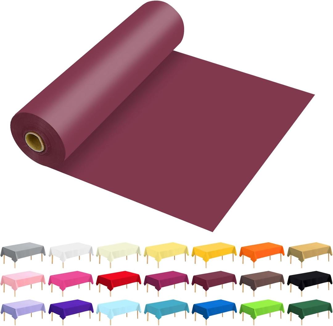 54 Inch X 100 Feet Plastic Table Cover Roll Premium Disposable Plastic Tablecloth for All Type/Shape Tables | Picnic, Party, Banquet, Birthdays, Weddings (Burgundy, 54 Inch X 100 Feet)