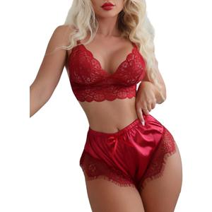 SOLY HUX Women's 2 Piece Lingerie Set Lace Bra Cami Top and Satin Shorts Sleepwear (XL)