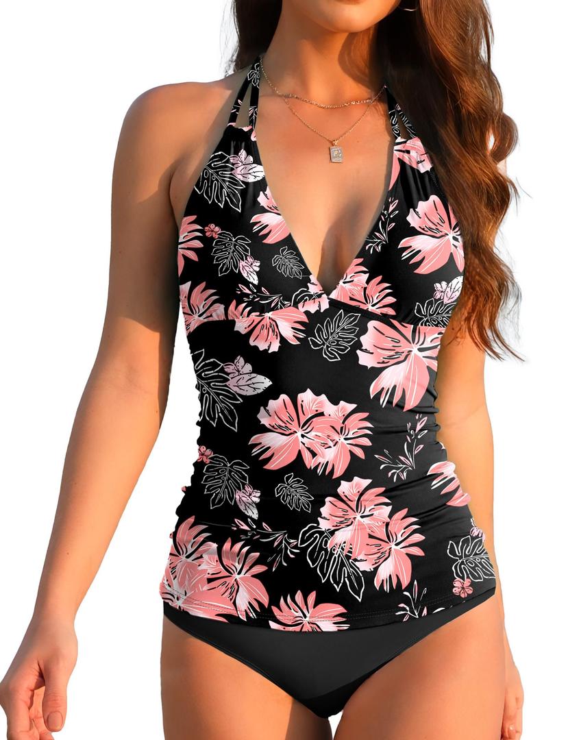 Vivola Women's V Neck Tankini Sets Slimming Two Piece Tummy Control Swimsuit Trendy Floral Printed Bathing Suit Halter Push up Modest Swimwear, S
