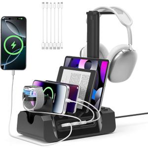 KDD Charging Station with 6 Charging Cables - Fast Charging 6 in 1 Cellphone Charging Dock with Headphone Stand and Watch Holder - 2 AC&USB A&USB C, Storage Station for Smartphone, Tablets, AppleWatch