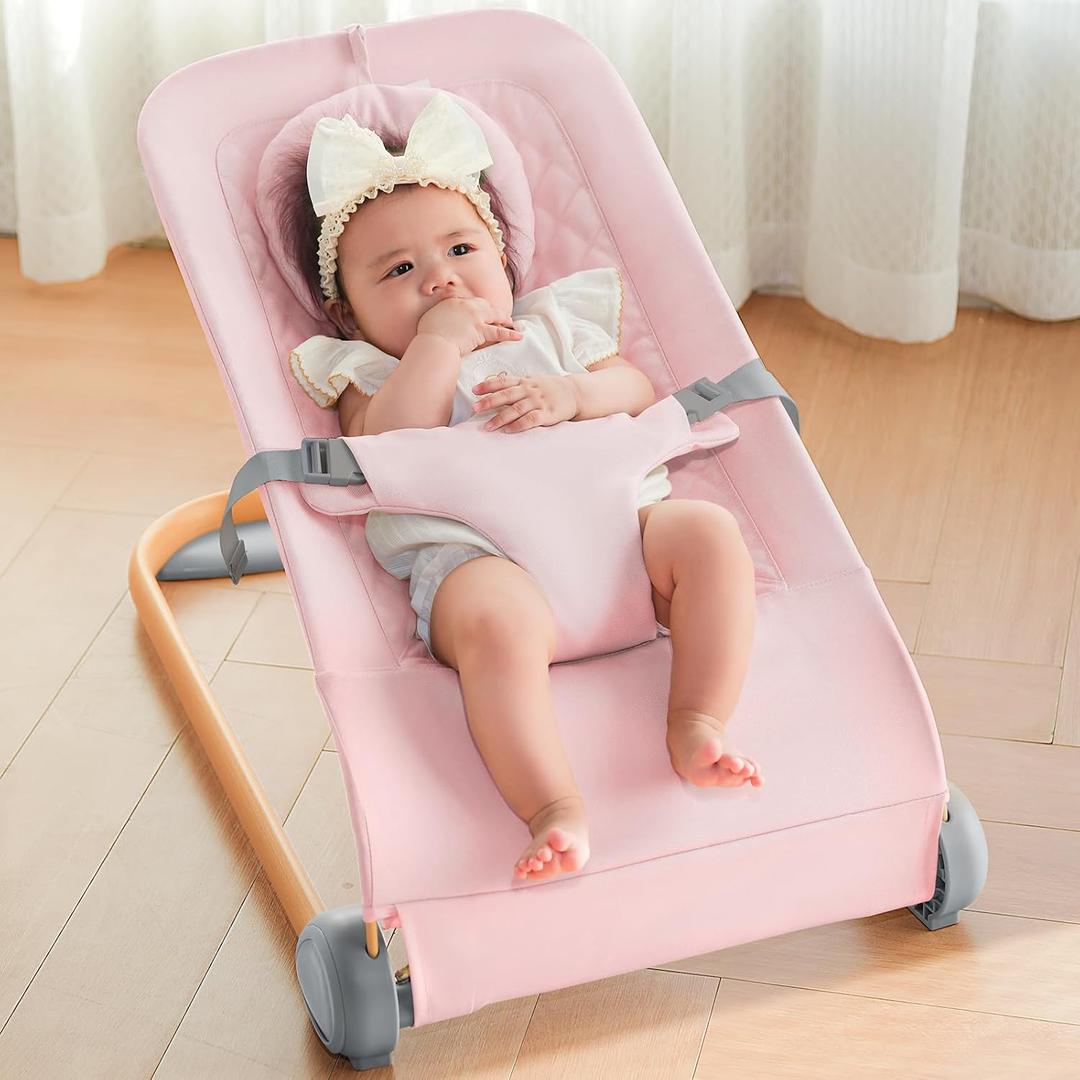 Fodoss Baby Bouncer, Ergonomic Design Bouncer Chair, Portable Baby Bouncer Seat for Infants, Bouncer for Babies 0-12 Month-Pink