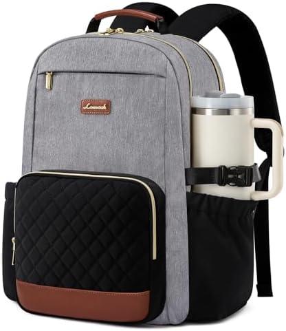 LOVEVOOK Laptop Backpack for Women with Pouch Pocket for Large Capacity Cup,18 Inch Teacher Nurse College Work Travel Backpack Purse,Waterproof Laptop Computer Bags,Grey-Black-Brown+Diamond-shaped