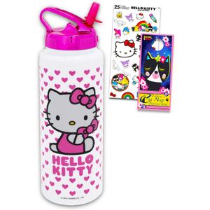 Hello Kitty Reusable Water Bottle - Bundle with Plastic Water Bottle with Spout for Home, School, Sports Plus Sticker, More